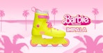 A pink banner with a bright yellow Barbie inline skate from Impala Skate