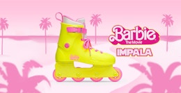 A pink banner with a bright yellow Barbie inline skate from Impala Skate