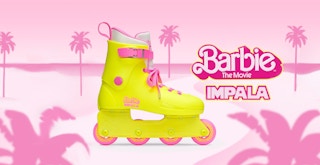 A pink banner with a bright yellow Barbie inline skate from Impala Skate