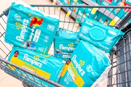 pampers diapers and wipes in a cart