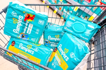 pampers diapers and wipes in a cart