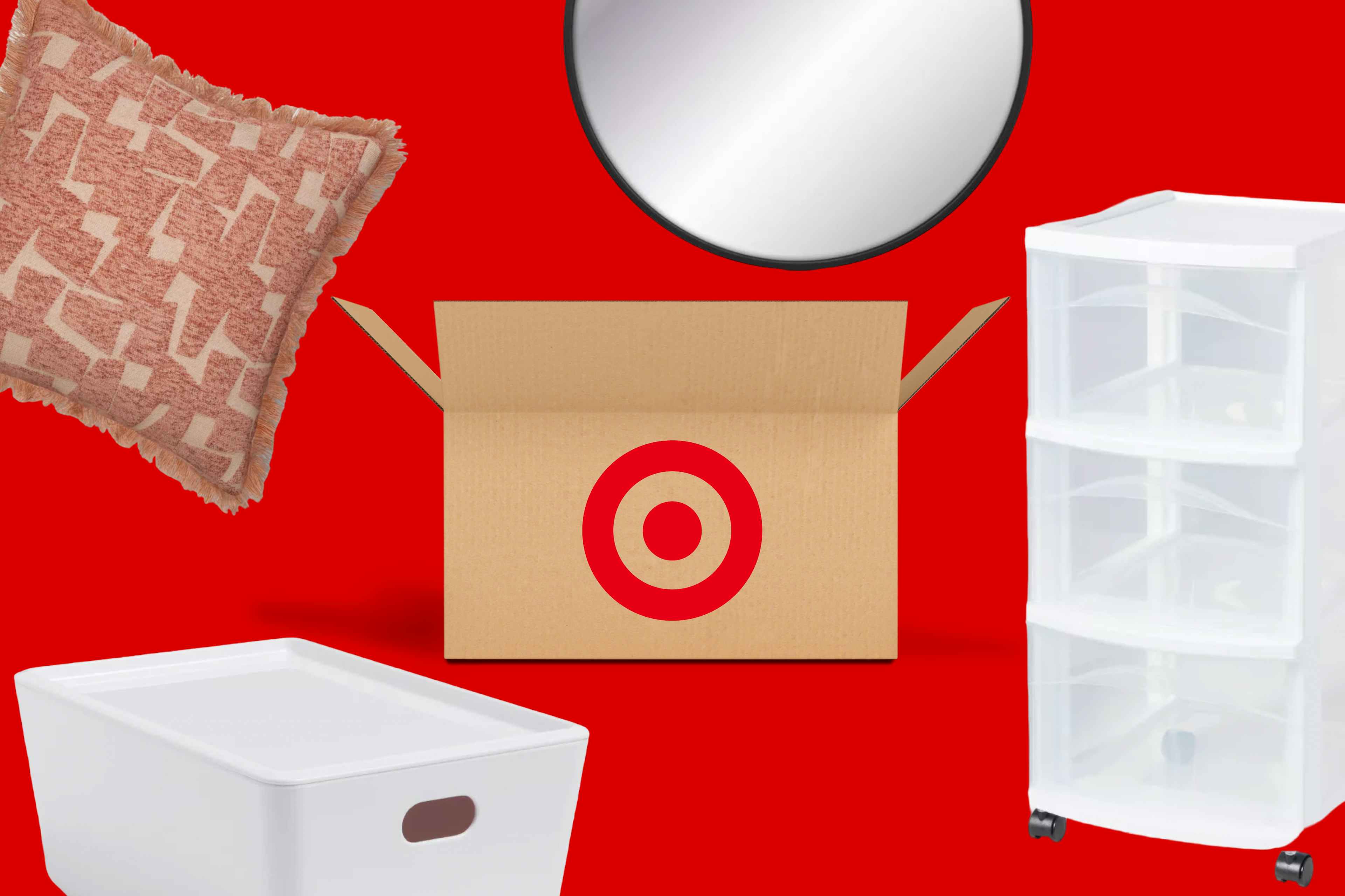 A Target box, pillow, round mirror, a three-drawer rolling cart storage container, and a stacking bin.