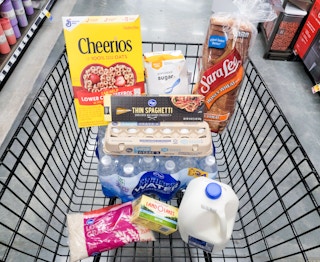 kroger grocery staples and pantry essentials in shopping cart