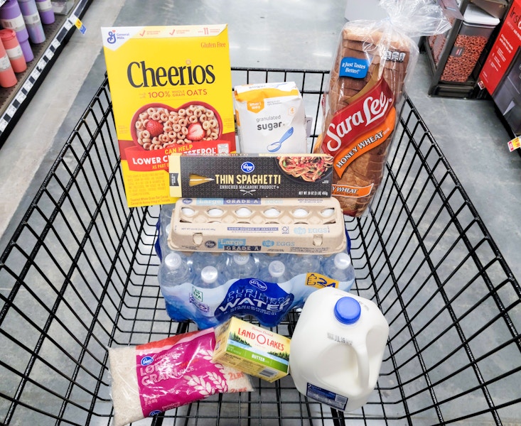 kroger grocery staples and pantry essentials in shopping cart