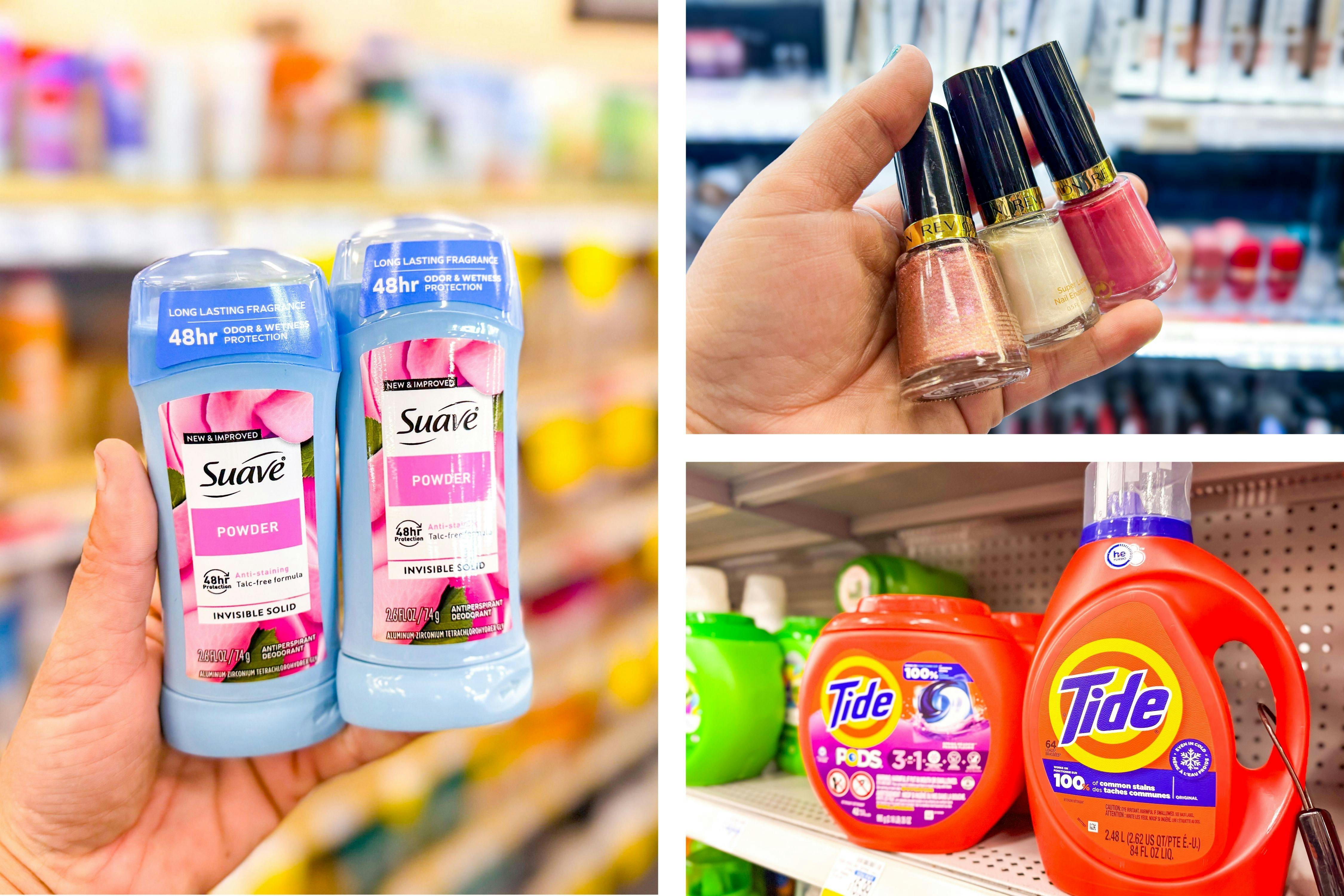 collage image of suave deodorant, tide detergent, and revlon nail polish