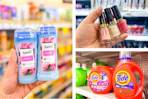 collage image of suave deodorant, tide detergent, and revlon nail polish