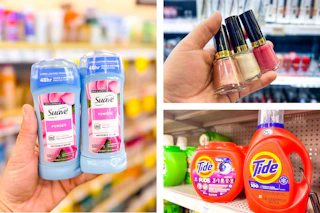 collage image of suave deodorant, tide detergent, and revlon nail polish