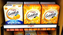 A carton of goldfish on a store shelf