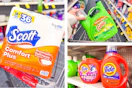 collage image of tide detergent, gain detergent, and scott toilet paper