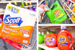 collage image of tide detergent, gain detergent, and scott toilet paper