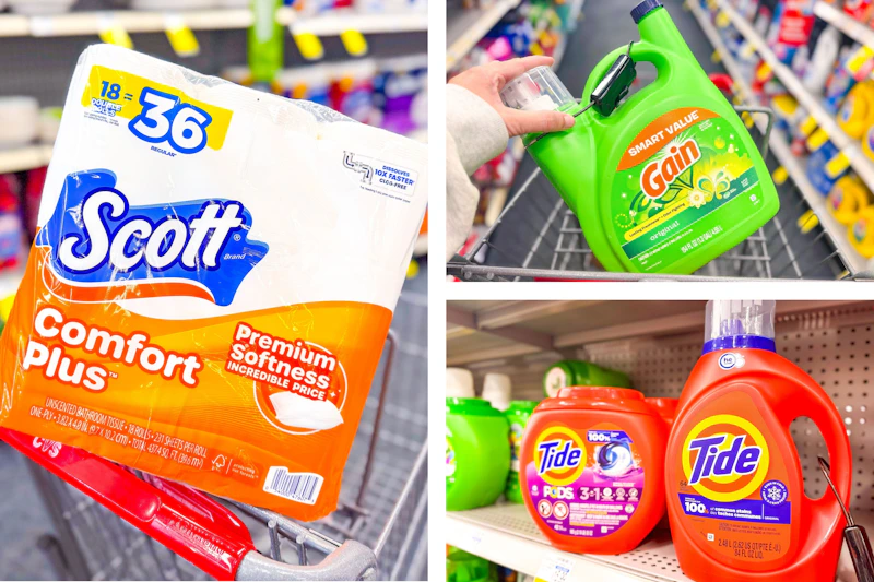 collage image of tide detergent, gain detergent, and scott toilet paper