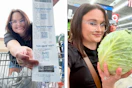 courtney holding a walmart receipt and holding a cabbage