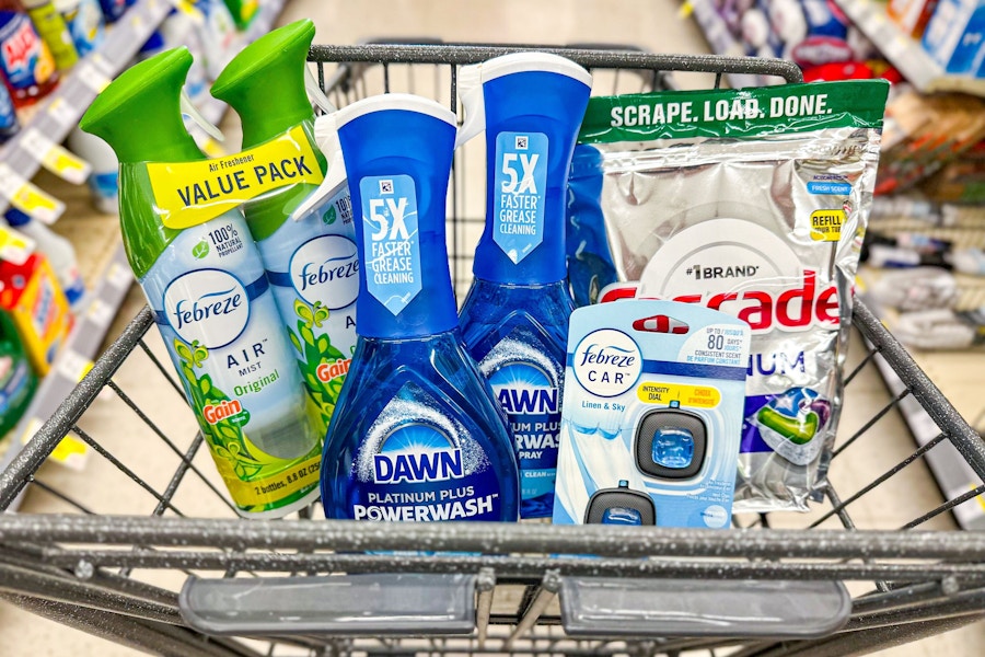 febreze, dawn, powerwash, and cascade products in a cart