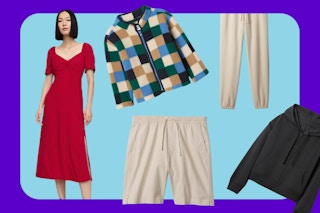 Gap Factory clearance sale clothing items on a purple and blue background.