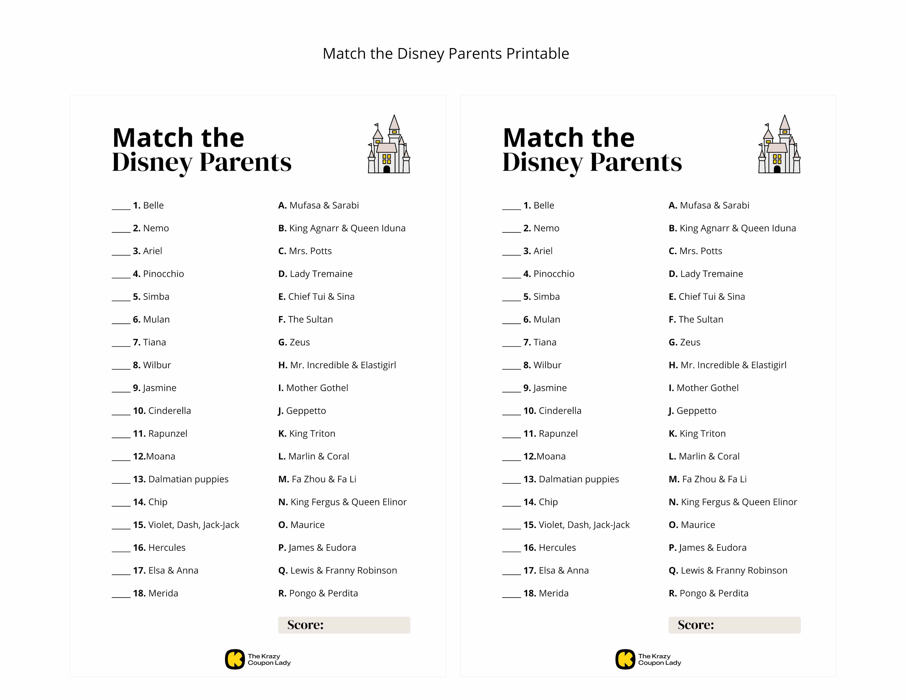 Match the Disney Parents baby shower game