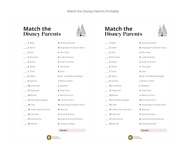 Match the Disney Parents baby shower game