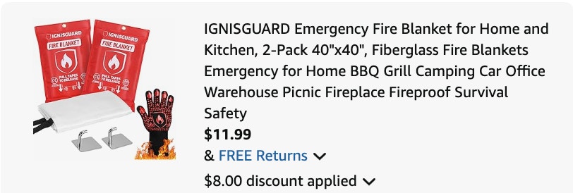 Emergency fire blanket Amazon receipt