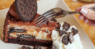 a fork digging into a piece of cheesecake