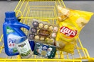 groceries in yellow shopping cart