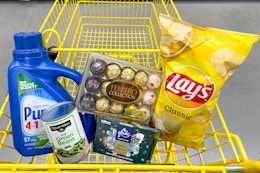groceries in yellow shopping cart