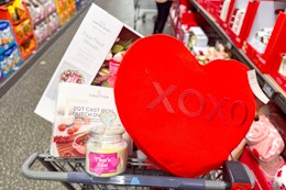 valentine's day home items in an aldi shopping cart