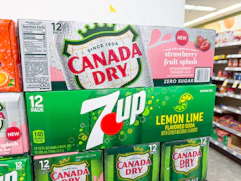 7up and Canada Dry soda 12 packs stacked in walgreens