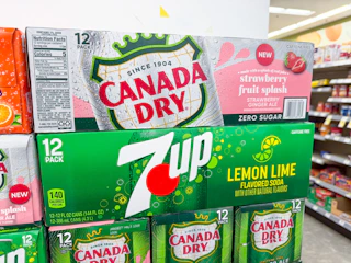 7up and Canada Dry soda 12 packs stacked in walgreens