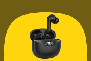 black wireless earbuds on a yellow background