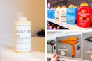 collage image of olaplex shampoo, conair hair dryer, and ogx shampoo