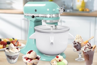 a teal mixer next to bowls of ice cream on a counter