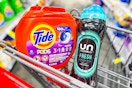 tide pods and downy scent beads in a cart