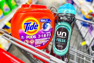 tide pods and downy scent beads in a cart