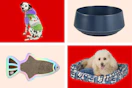 collage image of a cat scratcher, food bowl, dog in a dog bed, and dog wearing a buzz lightyear hoodie