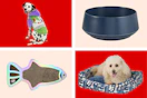 collage image of a cat scratcher, food bowl, dog in a dog bed, and dog wearing a buzz lightyear hoodie