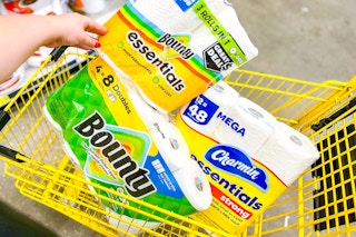 bounty and charmin products in yellow shopping cart