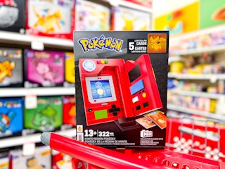 mega pokemon pokedex building set sitting on a target cart