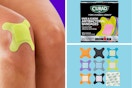 A knee with a bright yellow Curad bandage, a box of Curad, individual bandages out of the box