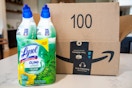 two toilet bowl cleaner bottles in front of an Amazon box