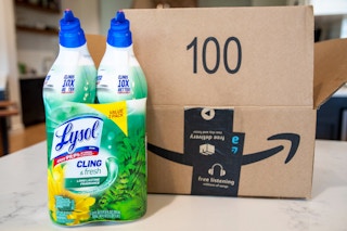 Lysol toilet bowl cleaner next to an Amazon box.