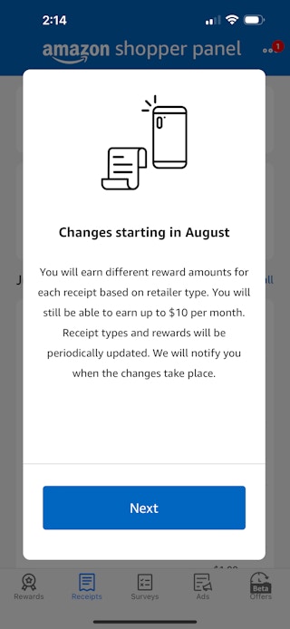 Screenshot of the Amazon shopping panel changes communicated to members in July 2024. Notifies users that value of some receipts will decrease starting in August
