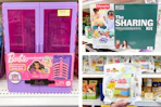 barbie, fisher-price, and lego toys side by side