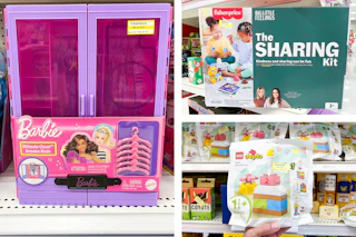barbie, fisher-price, and lego toys side by side