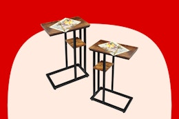 JMLHMXC C-Shaped Side Table Set of 2, 16.5" L x 9.4" W x 25.6" H, Bamboo and MDF Top, Multifunctional
