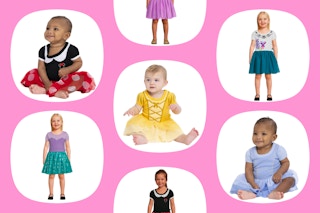 babies and toddlers in a Disney cosplay dresses on a light pink background in white bubbles