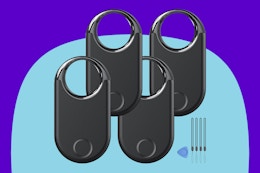 Hendari 2025 [Apple MFi Certified] (iOS Only) Air Tags 4 Pack on a blue background.