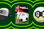 collage image of a fifa hat, inflatable soccer ball, and a soccer ball