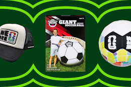 collage image of a fifa hat, inflatable soccer ball, and a soccer ball
