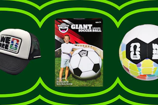 collage image of a fifa hat, inflatable soccer ball, and a soccer ball