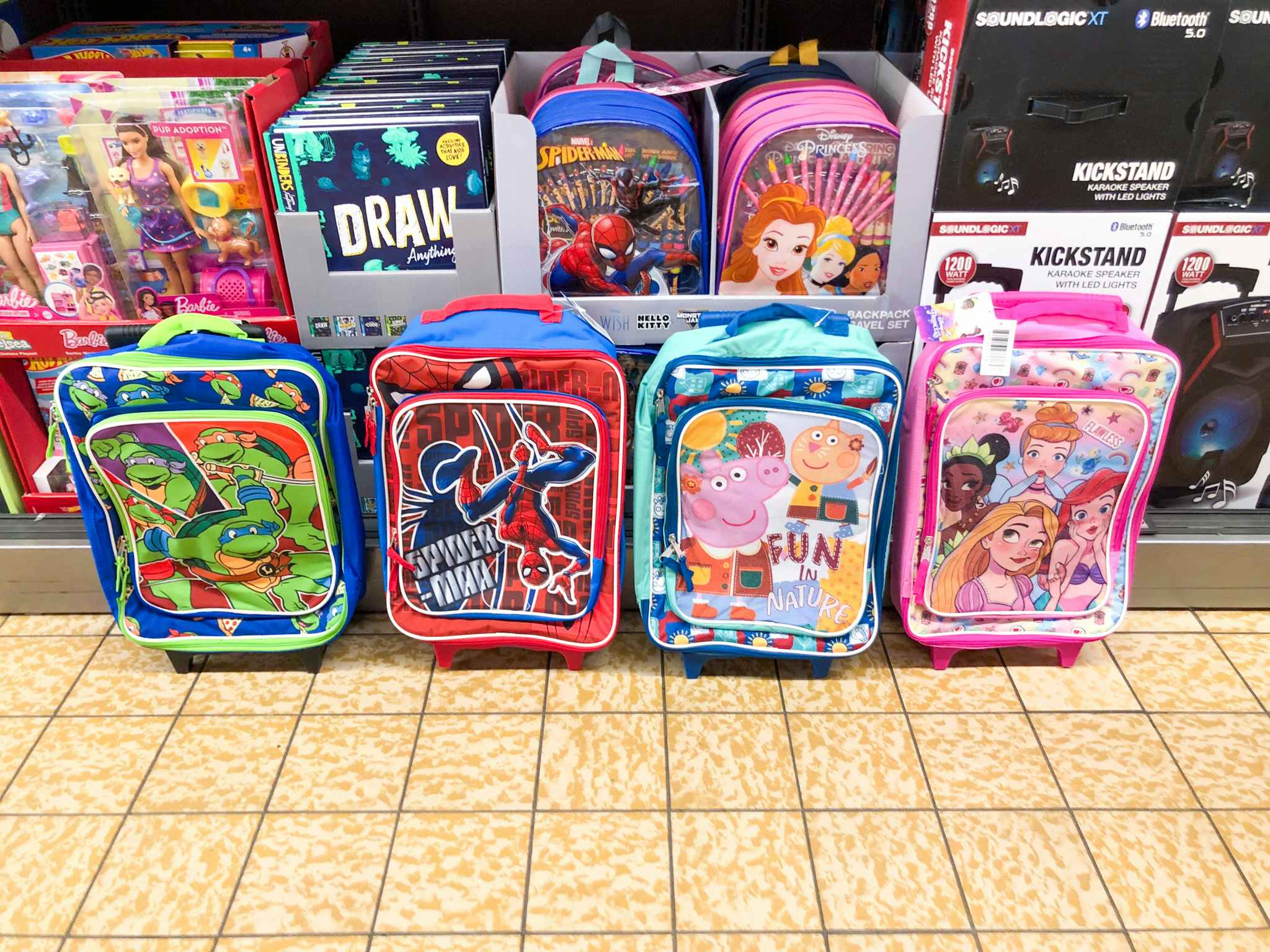 20 Kids' Rolling Suitcase at Aldi Disney, SpiderMan, Peppa Pig, More