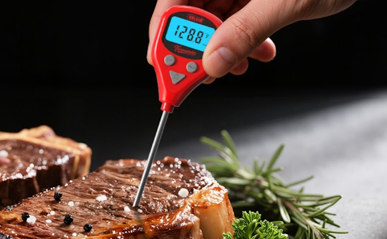 a red meat thermometer in a steak